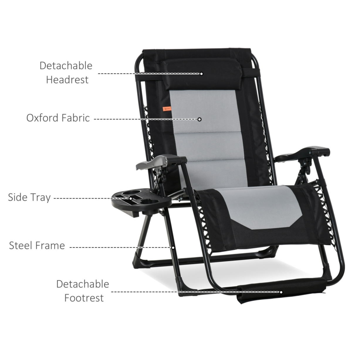 Streamdale Furniture Foldable Outdoor Lounge Chair with Footrest, Oversized Padded Zero Gravity Lounge Chair with Headrest, Side Tray, Cup Holders, Ar