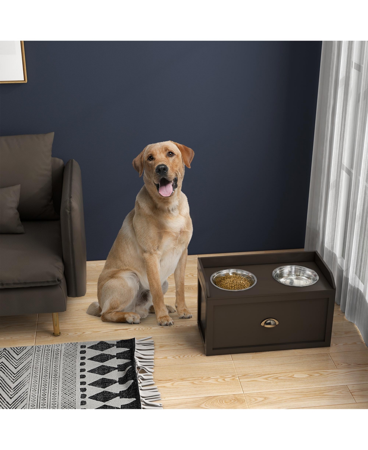 Streamdale Furniture Dog Feeding Station with Storage Drawer, Dog Food Storage Cabinet with 2 Removable Elevated Dog Bowls for Large Sized Dogs, Coffe