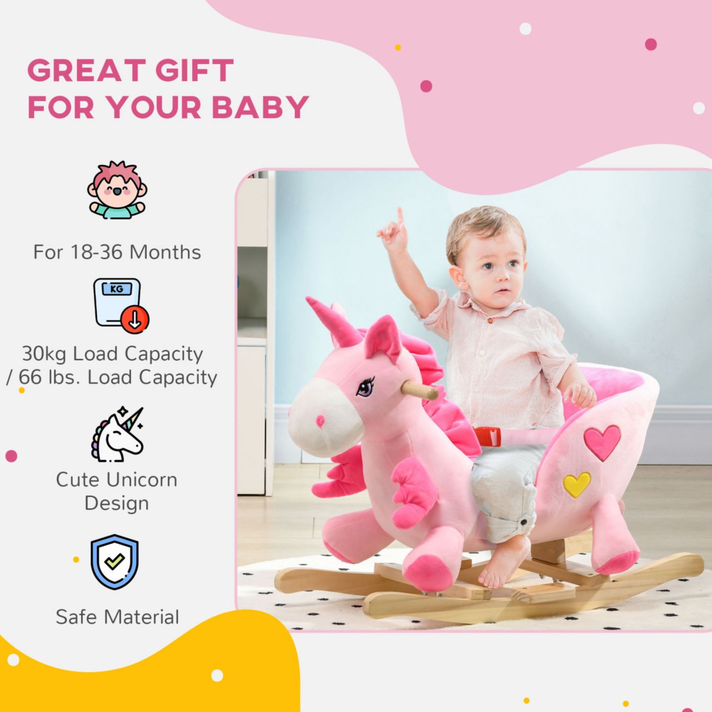 Детские мягкие игрушки Streamdale Furniture Plush Rocking Unicorn with 32 Songs and Safety Belt, Supports 66 lbs., Ages 18-36 Months — фото 6