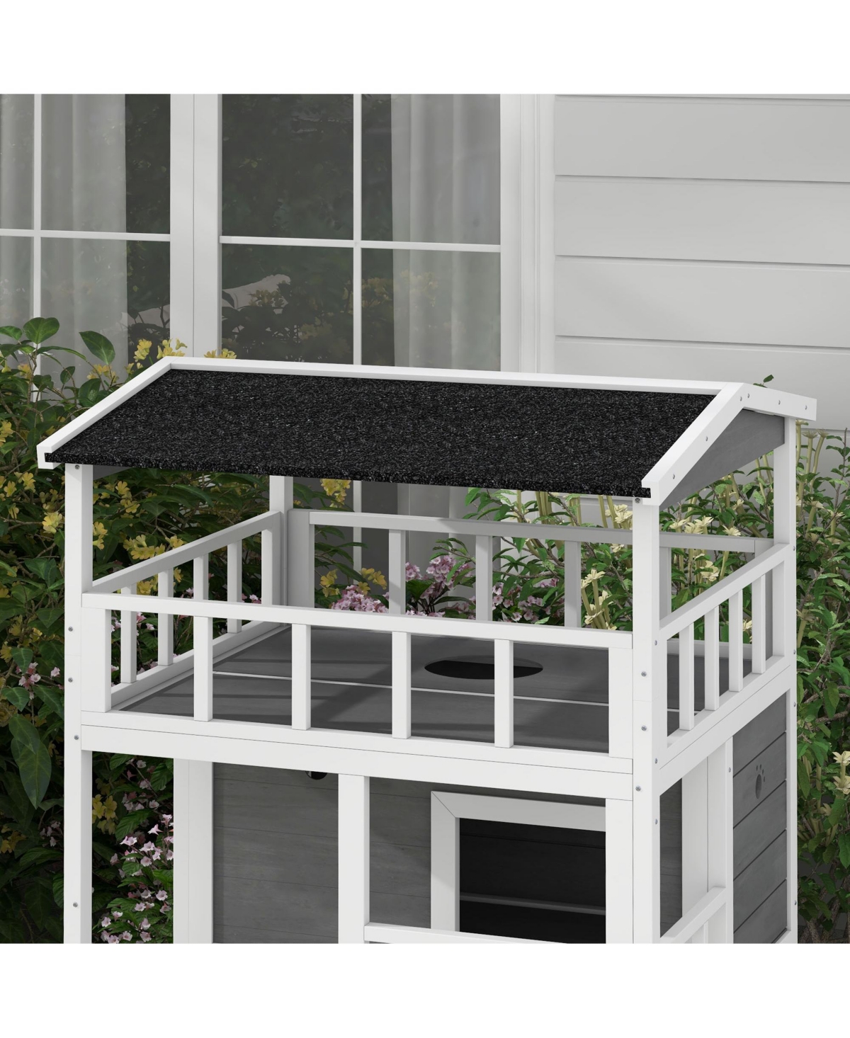Streamdale Furniture Wooden Outdoor Cat House, Feral Cat Shelter Kitten Condo with Asphalt Roof, Escape Doors, Condo, Jumping Platform,- L
