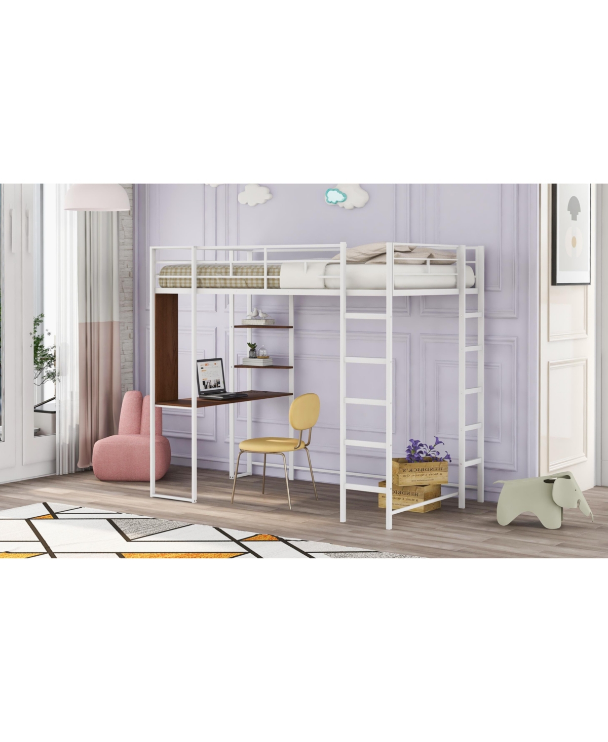 Slickblue Twin Metal Loft Bed with 2 Shelves and Desk - Space-Saving Solution for Bedrooms