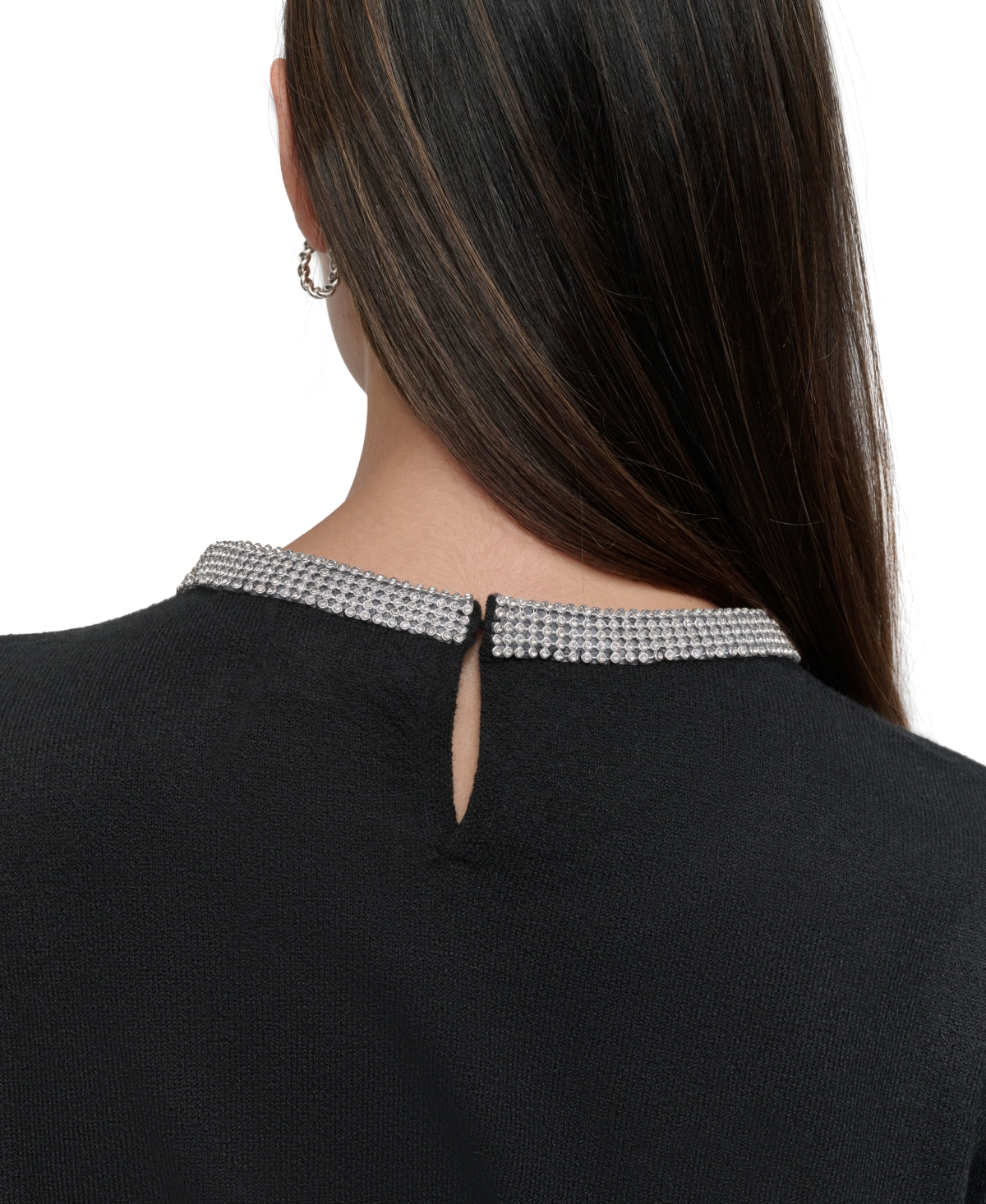 Dkny Jeans Women's Rhinestone Collar Crewneck Sweater - BLK - BLACK