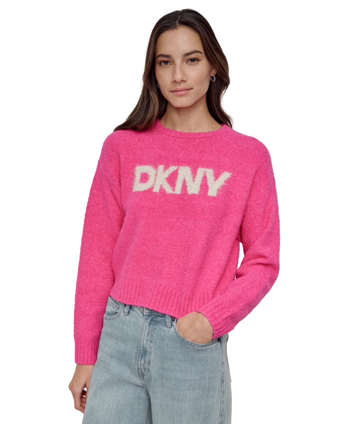 DKNY JEANS WOMEN'S TINSEL LOGO BOUCLE SWEATER 