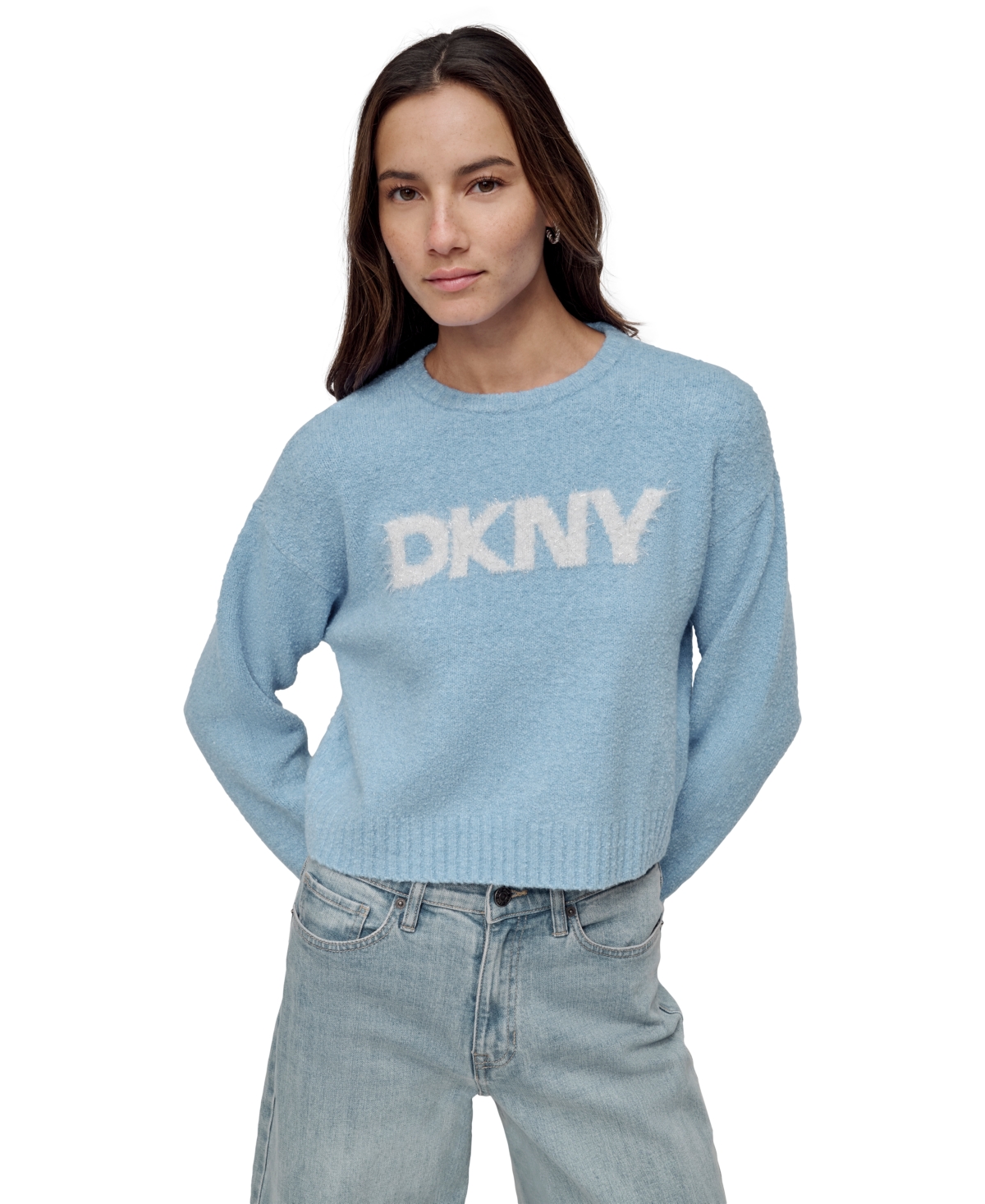 DKNY JEANS WOMEN'S TINSEL LOGO BOUCLE SWEATER 