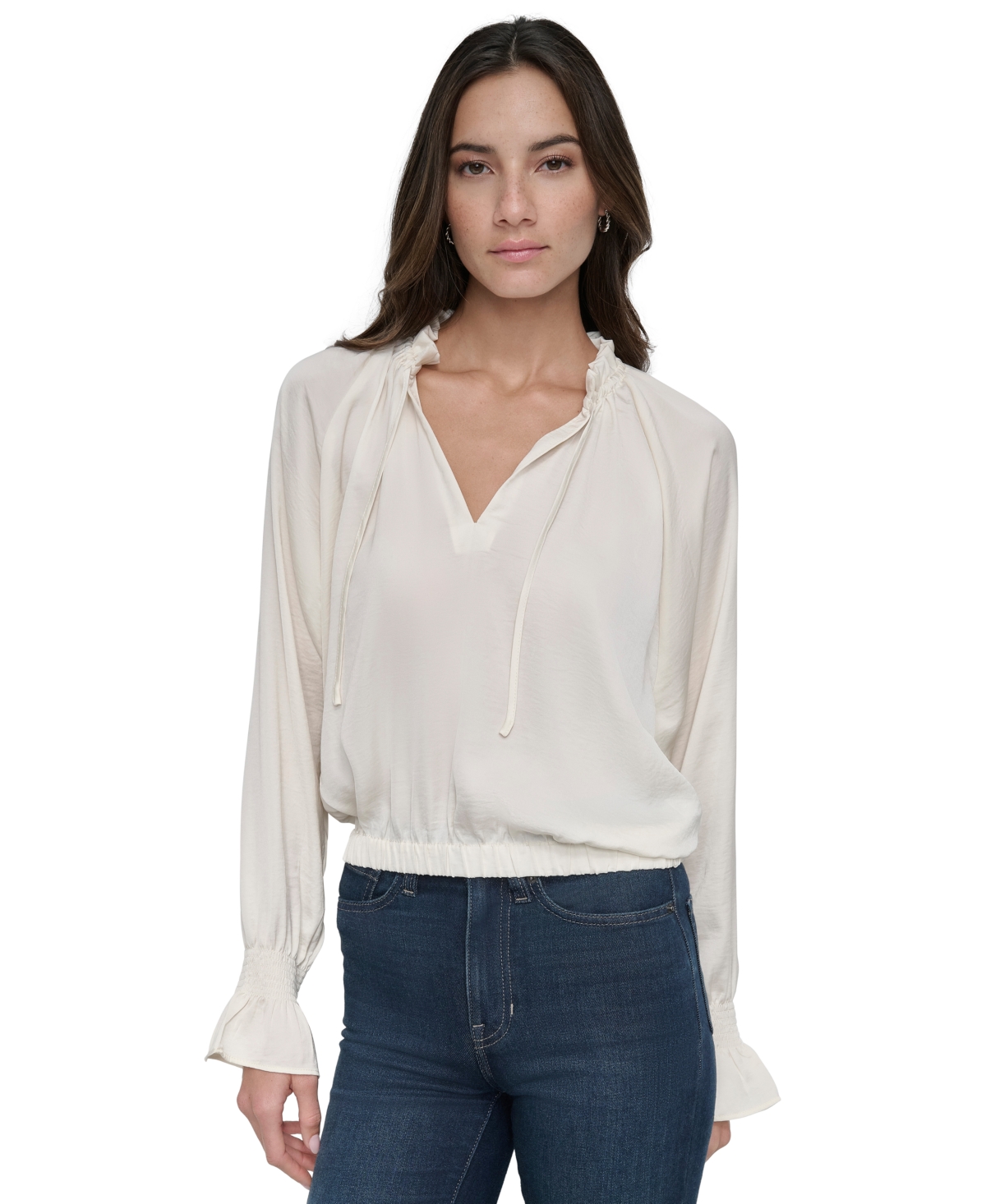 DKNY JEANS WOMEN'S SMOCKED-CUFF RAGLAN-SLEEVE BLOUSE 