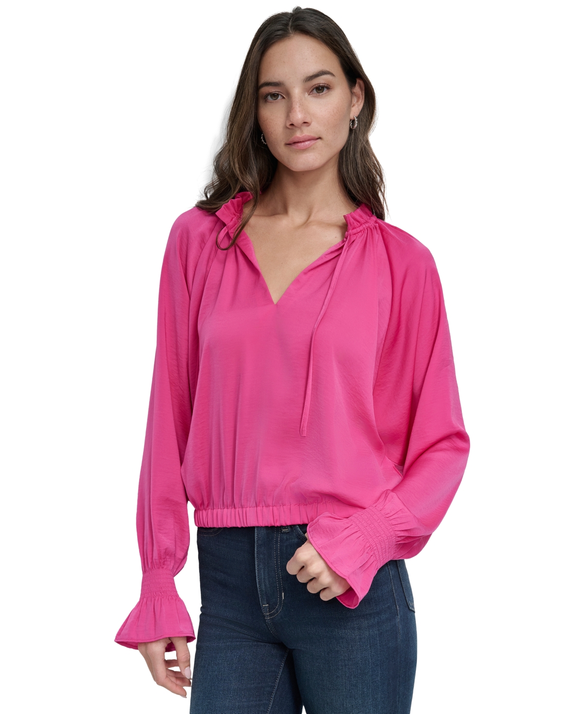DKNY JEANS WOMEN'S SMOCKED-CUFF RAGLAN-SLEEVE BLOUSE 