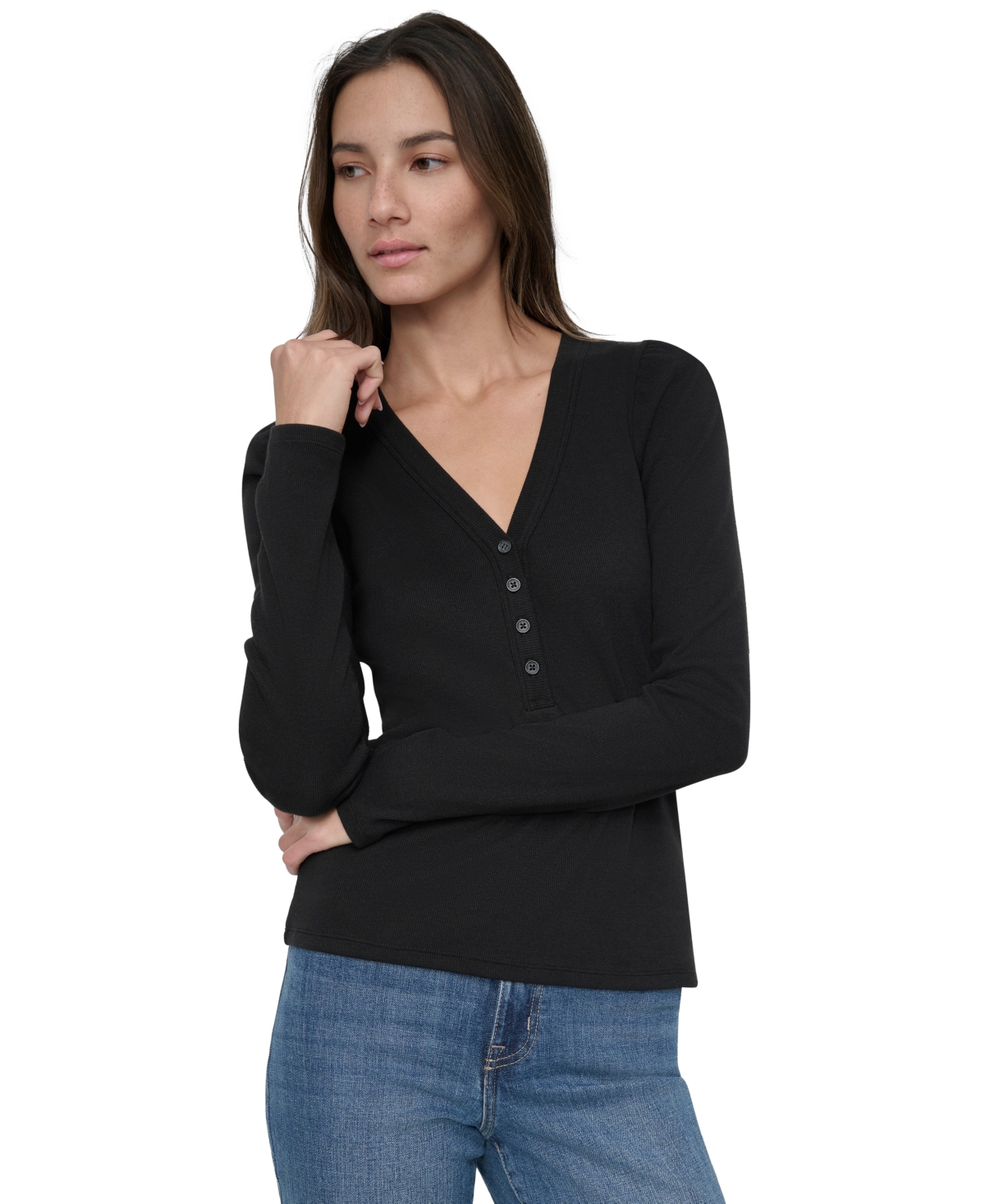 DKNY JEANS WOMEN'S GATHERED-SHOULDER V-NECK TOP 