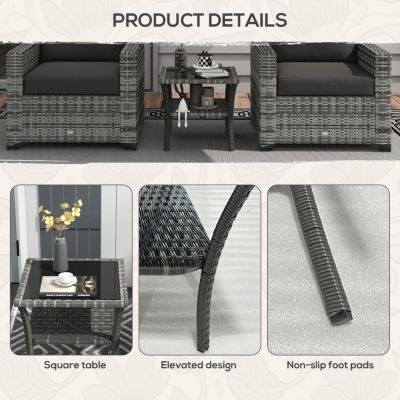 Rattan Side Table, Outdoor End Table with Storage Shelf, Aluminum Frame Square, Coffee Table with Tempered Glass Top, Mixed Gray