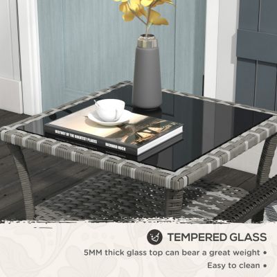 Rattan Side Table, Outdoor End Table with Storage Shelf, Aluminum Frame Square, Coffee Table with Tempered Glass Top, Mixed Gray