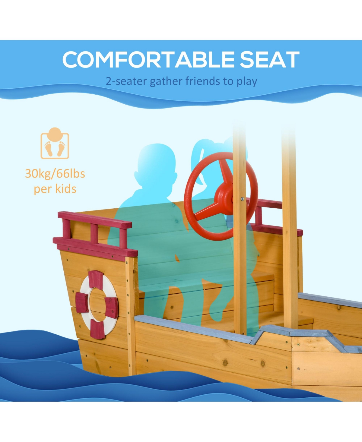 Streamdale Furniture Pirate Ship Sandbox with Cover and Rudder, Wooden Sandbox with Storage Bench and Seat, Outdoor Toy for Kids Ages 3-8 Years Old