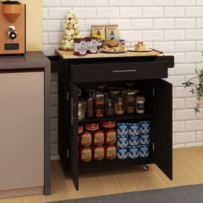 28.18" E1 MDF, Rubber Wood Drawer, Doors, Adjustable Shelves, Towel & Seasoning Racks, Locking Casters Rolling Kitchen Cart