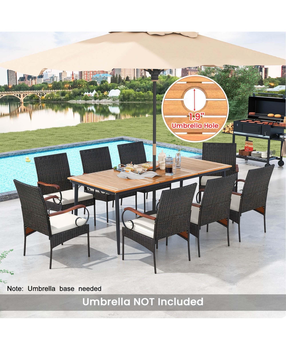Costway 9 Pcs Patio Dining Set with Acacia Wood Tabletop Umbrella Hole Outdoor
