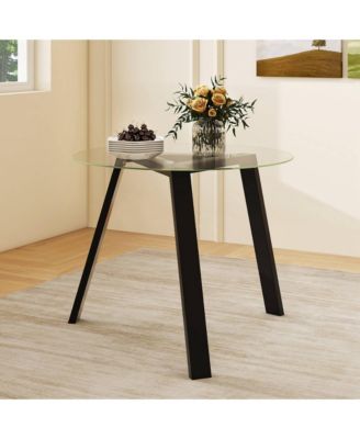 36" Round Glass Dining Table for 4 with Tempered Glass Tabletop Rubber Wood Frame