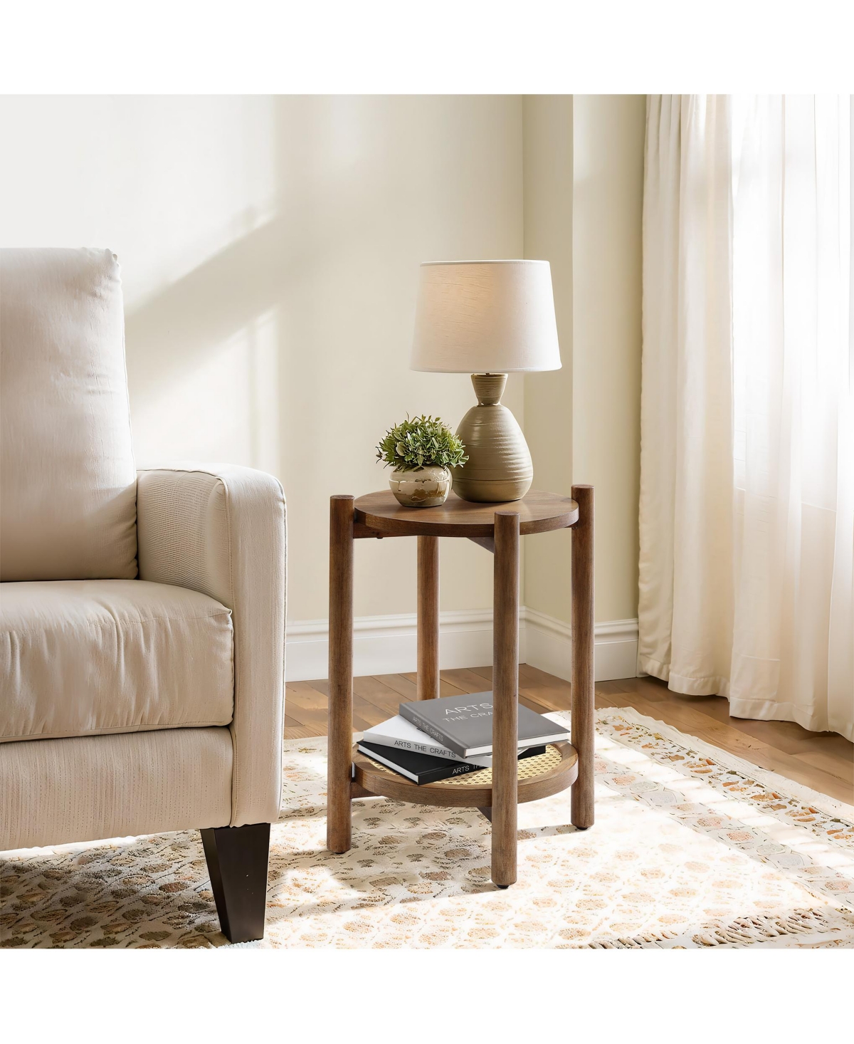 Luxenhome Chestnut Finish Pine And Mdf Wood Accent Round Table With Rattan Shelf In Brown