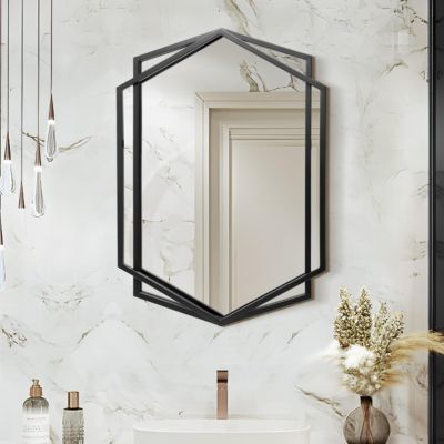 32" Black Metal Hexagon Frame Wall Accent Mirror Wall Mounted Bathroom Vanity Mirror Decor