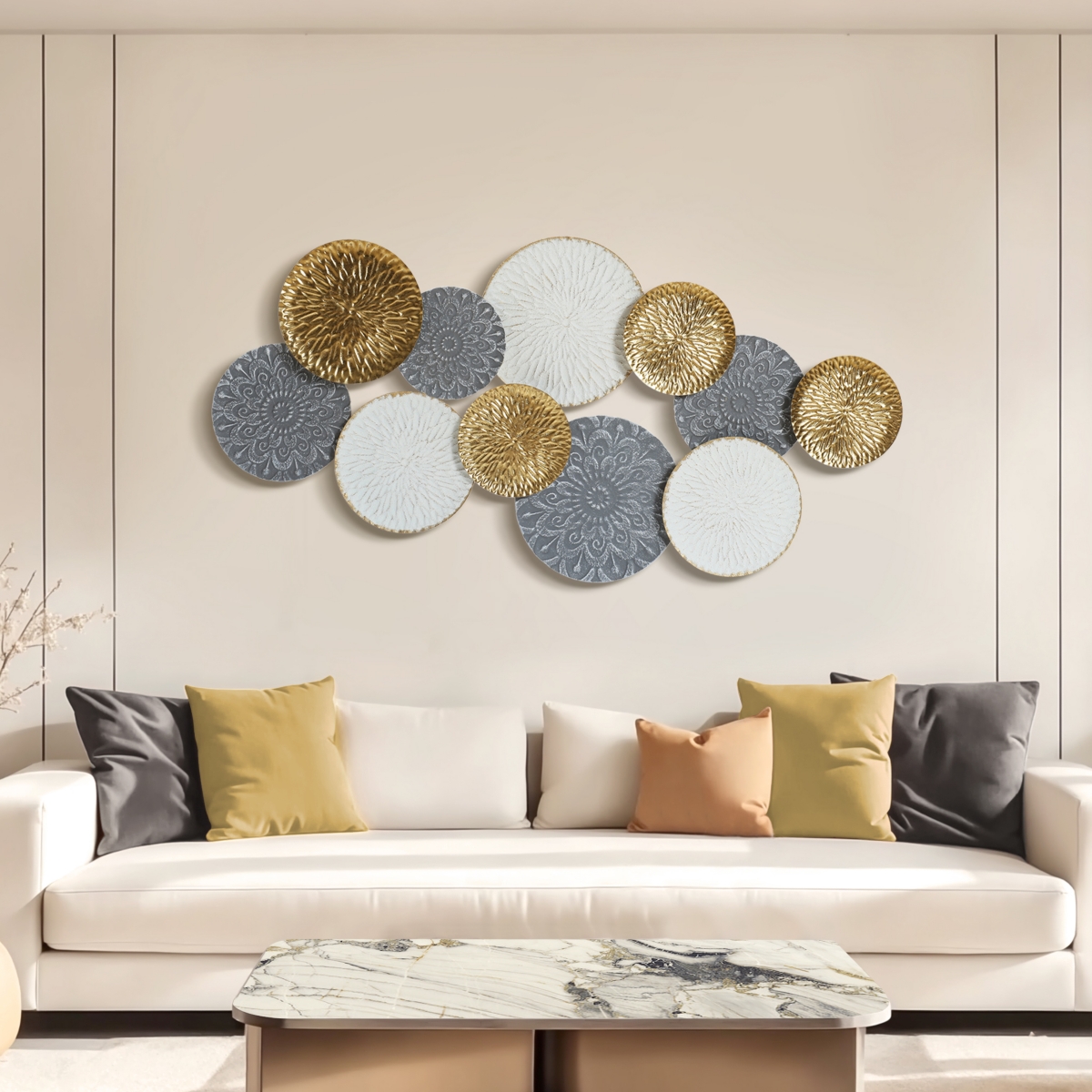 LuxenHome 48-In Wide Connected Circles Metal Wall Decor Sculpture - gold, white