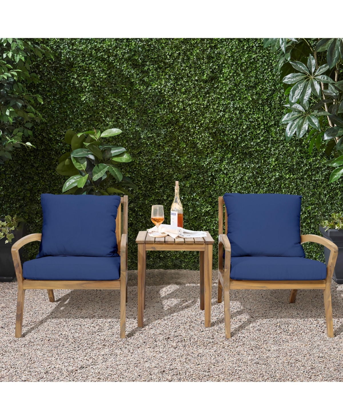 LuxenHome Outdoor Acacia Wood Side Table and Set of 2 Armchairs with Cushions, Blue