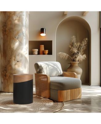 Natural Wood and Metal Round Drum Modern Accent End Side Table