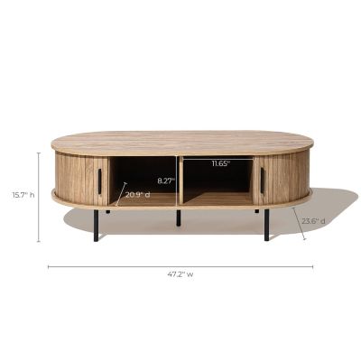Standard Wood Slatted Sliding Doors Storage Mid-Century Modern Oval Coffee Table