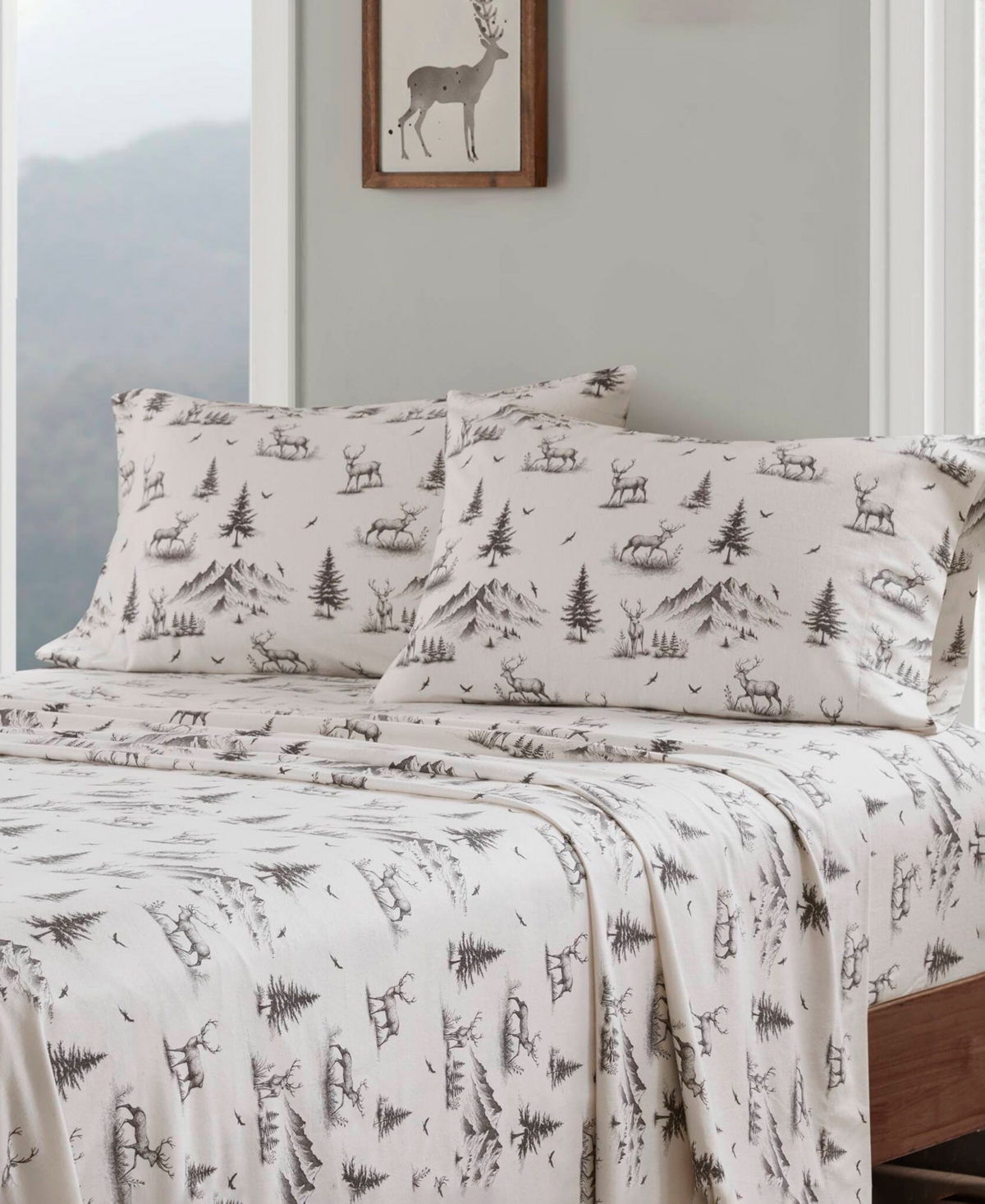 Woolrich Printed Flannel 4-pc. Sheet Set, Queen In Gray Deer Toile
