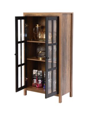 Natural Wood Glass 2-Door Accent Cabinet