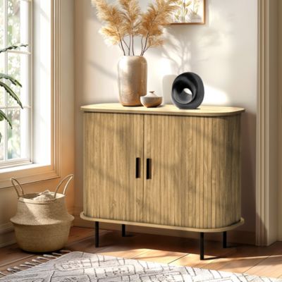 Mid-Century Modern 2-Door Accent Cabinet with Slatted Sliding Doors