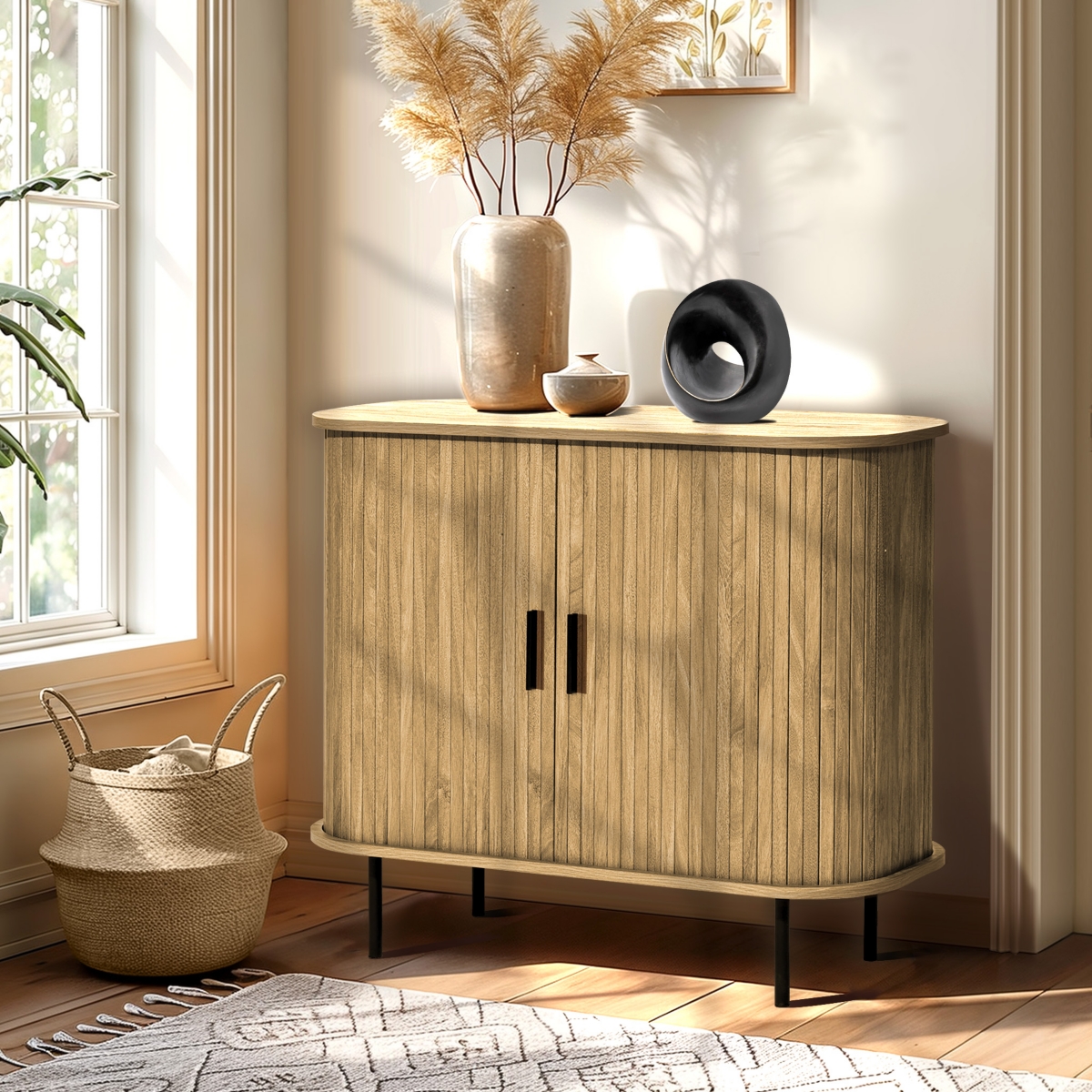 Luxenhome Mid-century Modern 2-door Accent Cabinet With Slatted Sliding Doors In Brown