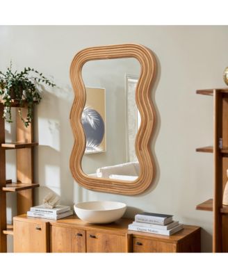 39-Inch Tall Rectangular Natural Cork Wood Wavy Frame Accent Wall Mirror