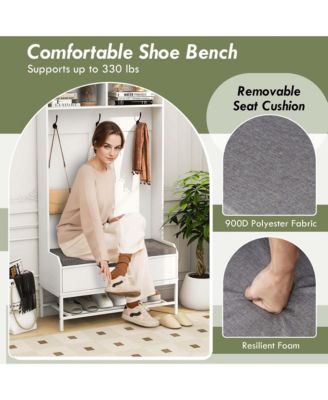 69" Tall Hall Tree with Seat Cushion Open Compartments Hooks Lift-top Storage