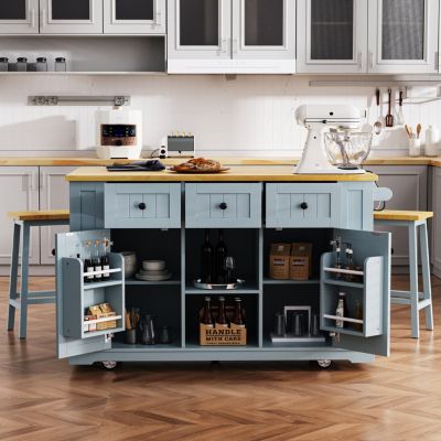 53" Drop Leaf, Power Outlet, Adjustable Shelves, Rolling Cart, Fridge-Inspired Racks Kitchen Island