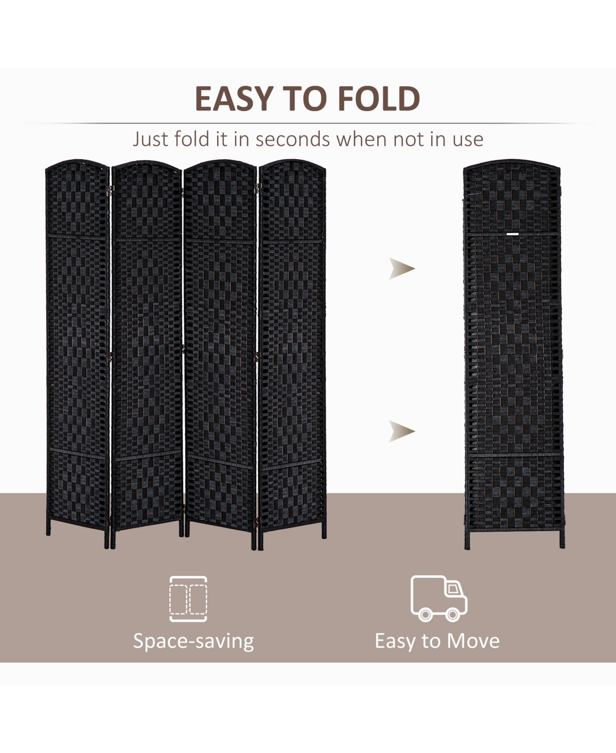 Streamdale Furniture 6' Tall Wicker Weave 4 Panel Room Divider Privacy Screen -- Black