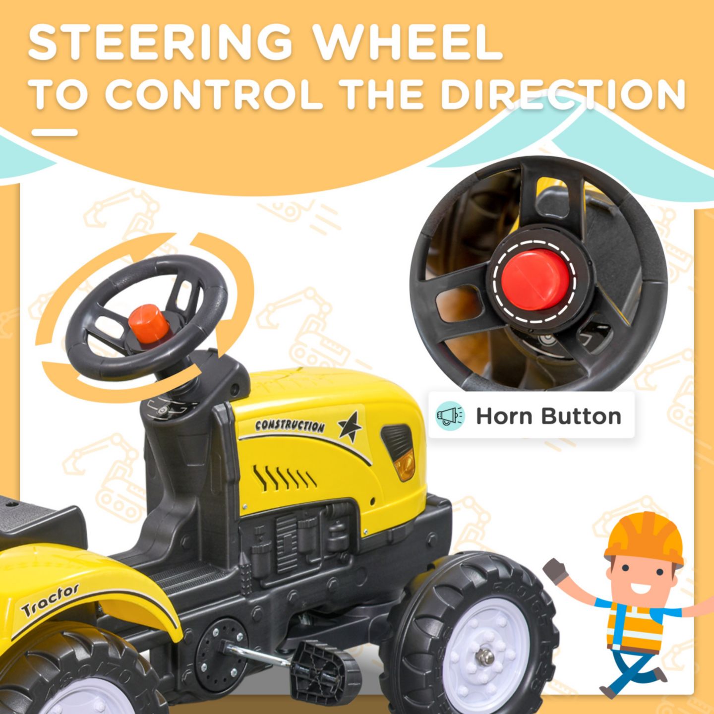 Детская игрушка Streamdale Furniture Farm Tractor with Storage Trailer, Manual Pedal, Horn Ride-On Toy, 77 lbs. Capacity, Ages 3+, цвет: Жёлтый — фото 6