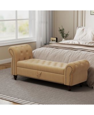 Khaki Velvet Bed Bench with Storage
