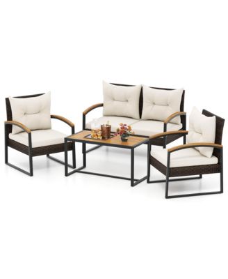 4 PCS Patio Conversation Set with Coffee Table Solid Acacia Wood Armrests Tabletop