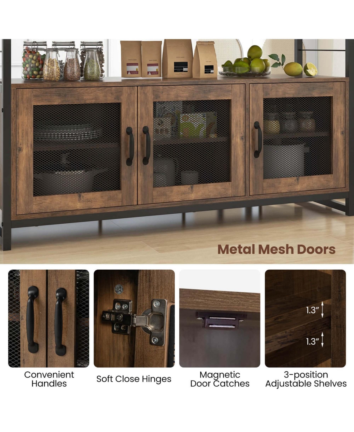 4 Pcs Kitchen Island Set with Bench and Storage Heavy-duty Metal Frame Shelves