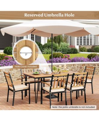 7 PCS Patio Dining Set with Acacia Wood Dining Table Rattan Armchairs Soft Cushions