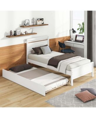 Twin Size Platform Bed with Trundle Pull-out Trundle Headboard & Footboard