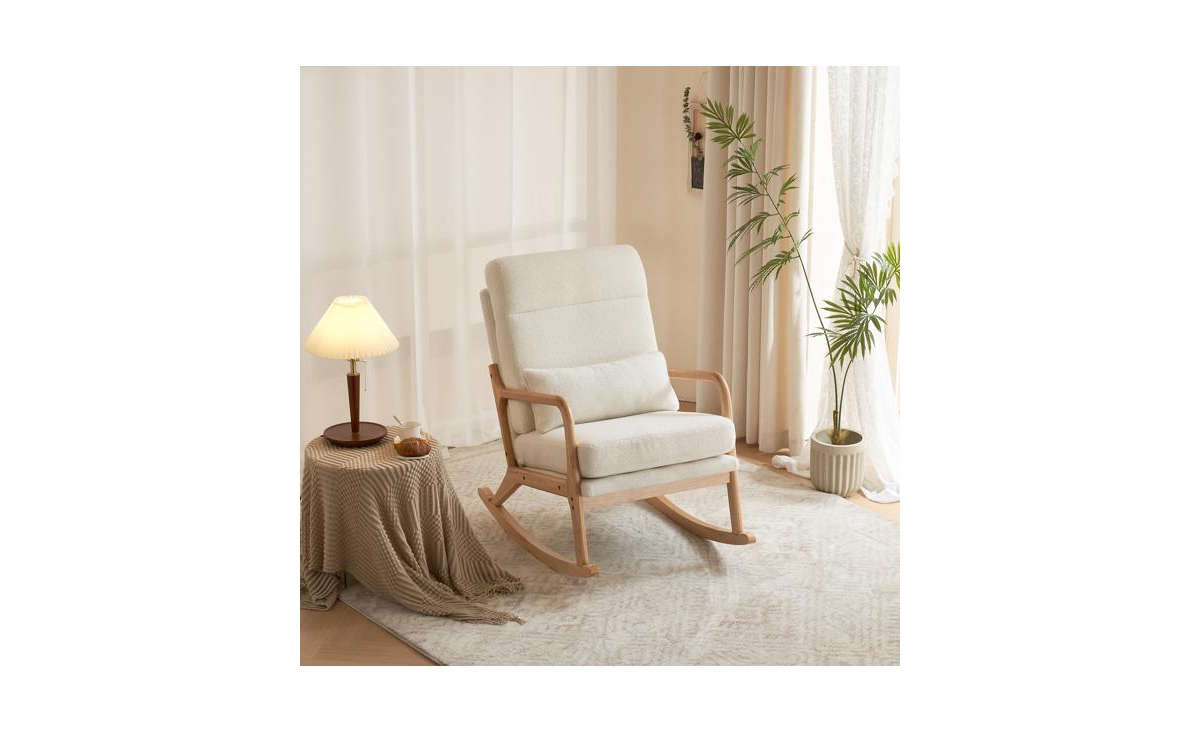 Slickblue High Back Indoor Rocking Chair – 100 cm Solid Wood Armrest with Iron Frame, Dual-Use OffTeddy Fleece Pillow for Comfort and St