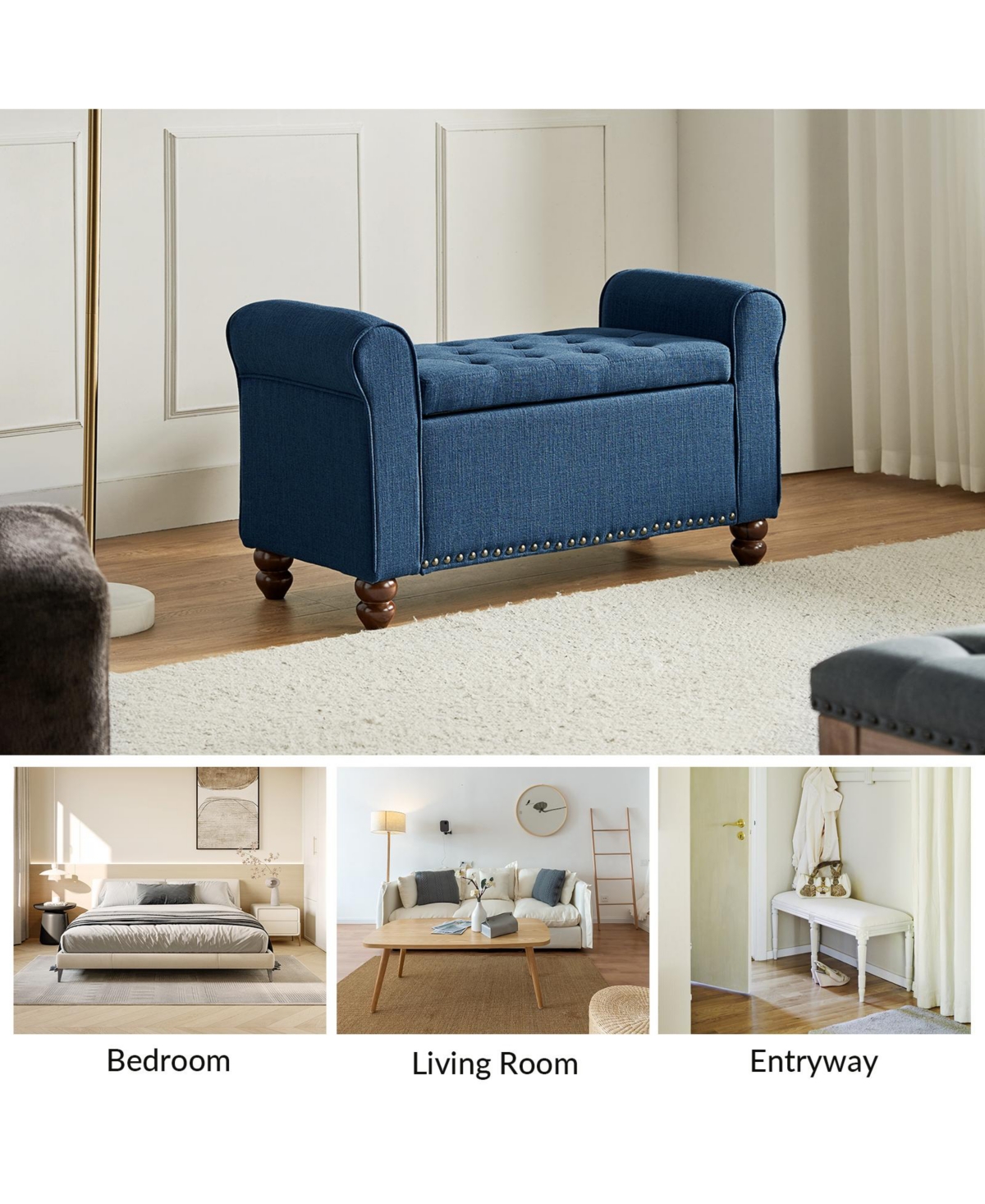 Hulala Home Transitional Carmen Wide Storage Bench with Sturdy Wood Legs