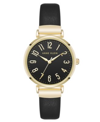 Anne Klein Women s Quartz Round Easy to Read Black Faux Leather and Gold Tone Alloy Metal Watch 32mm Macy s