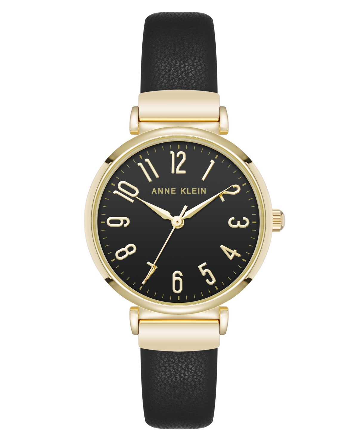 Anne Klein Women's Quartz Round Easy To Read Black Faux Leather And Gold-tone Alloy Metal Watch, 32mm In Black,gold-tone