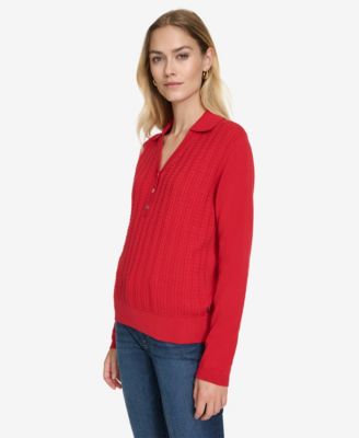 Women's Solid Button V Neck Polo Sweater