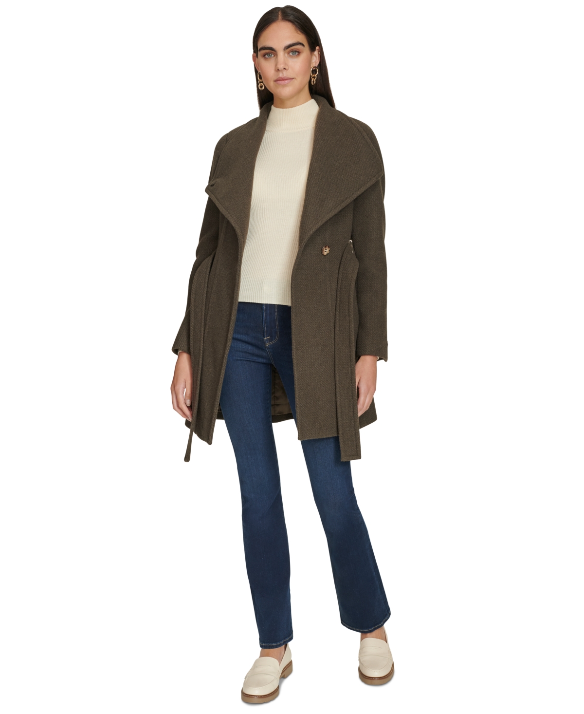 Calvin Klein Womens Asymmetrical Belted Wrap Coat, Created For Macys In Brown