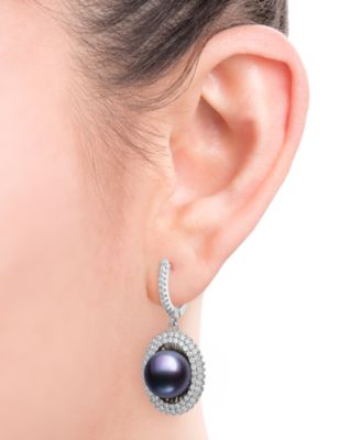 Peacock Black Cultured Freshwater Pearl (10mm) & Cubic Zirconia Halo Drop Earrings in Sterling Silver (Also in White Cultured Freshwater Pearl)