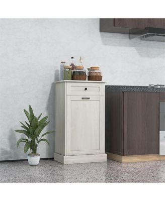 Kitchen Tilt Out Trash Bin Cabinet Free Standing Recycling Cabinet Trash Can Holder With Drawer, Light Gray