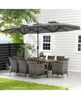 10 Pieces Patio Wicker Dining Set with Double-Sided Patio Umbrella 8 Armchairs