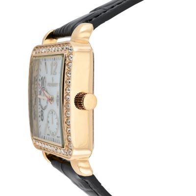 Women's 14K Gold Plated Square Dress Watch with European Crystals and Black Leather Band