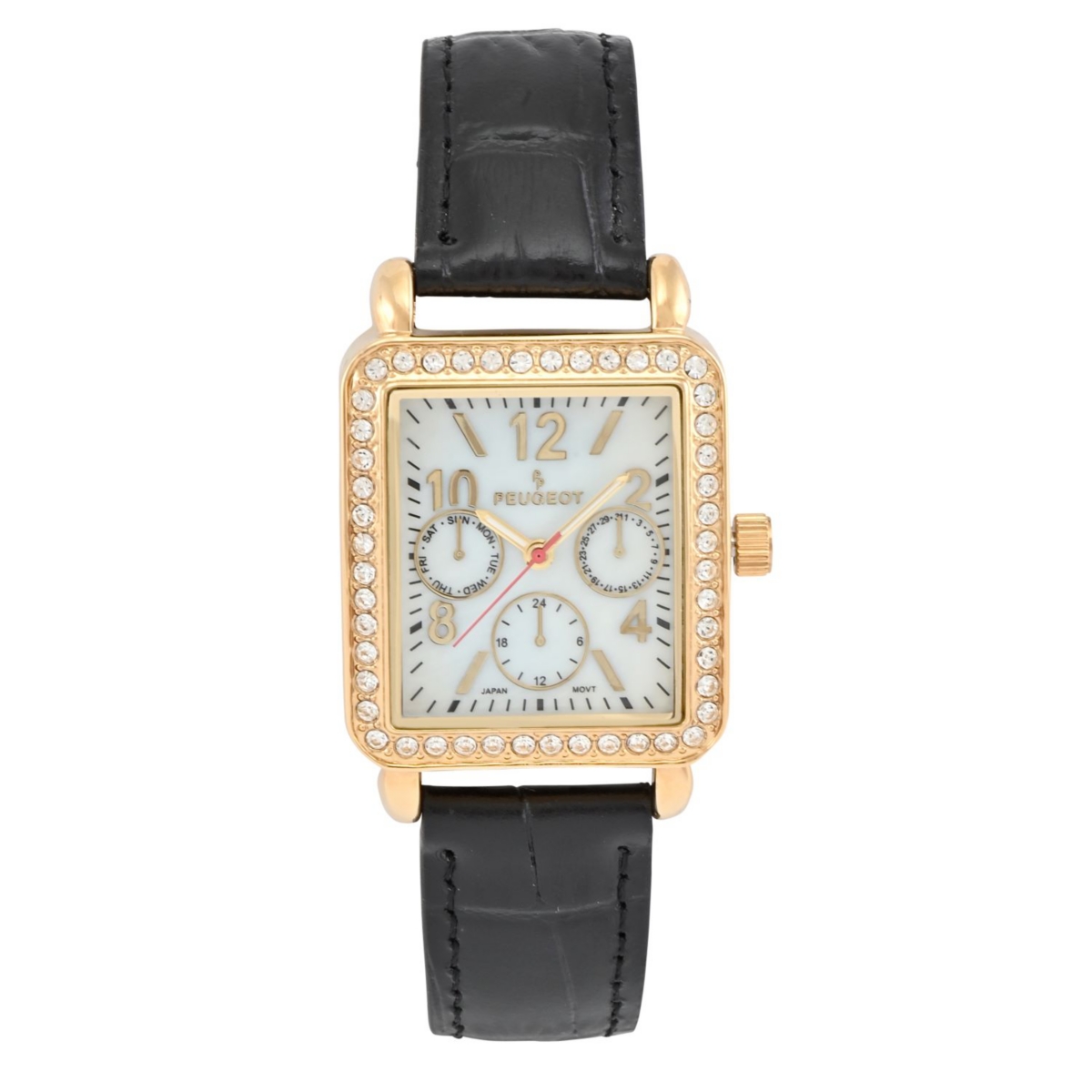 Women's 14K Gold Plated Square Dress Watch with European Crystals and Black Leather Band - Black