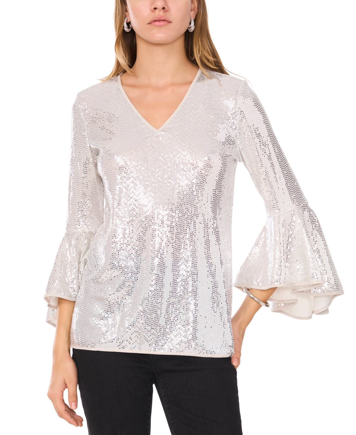 Vince Camuto Womens Sequined Nylon Blouse In Silver