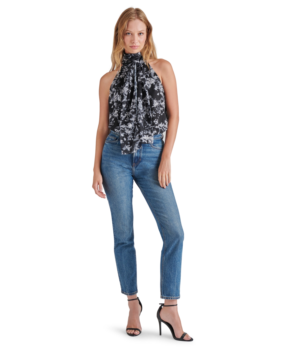 Steve Madden Women's Zandra Printed Tie-Neck Bodysuit -WHT